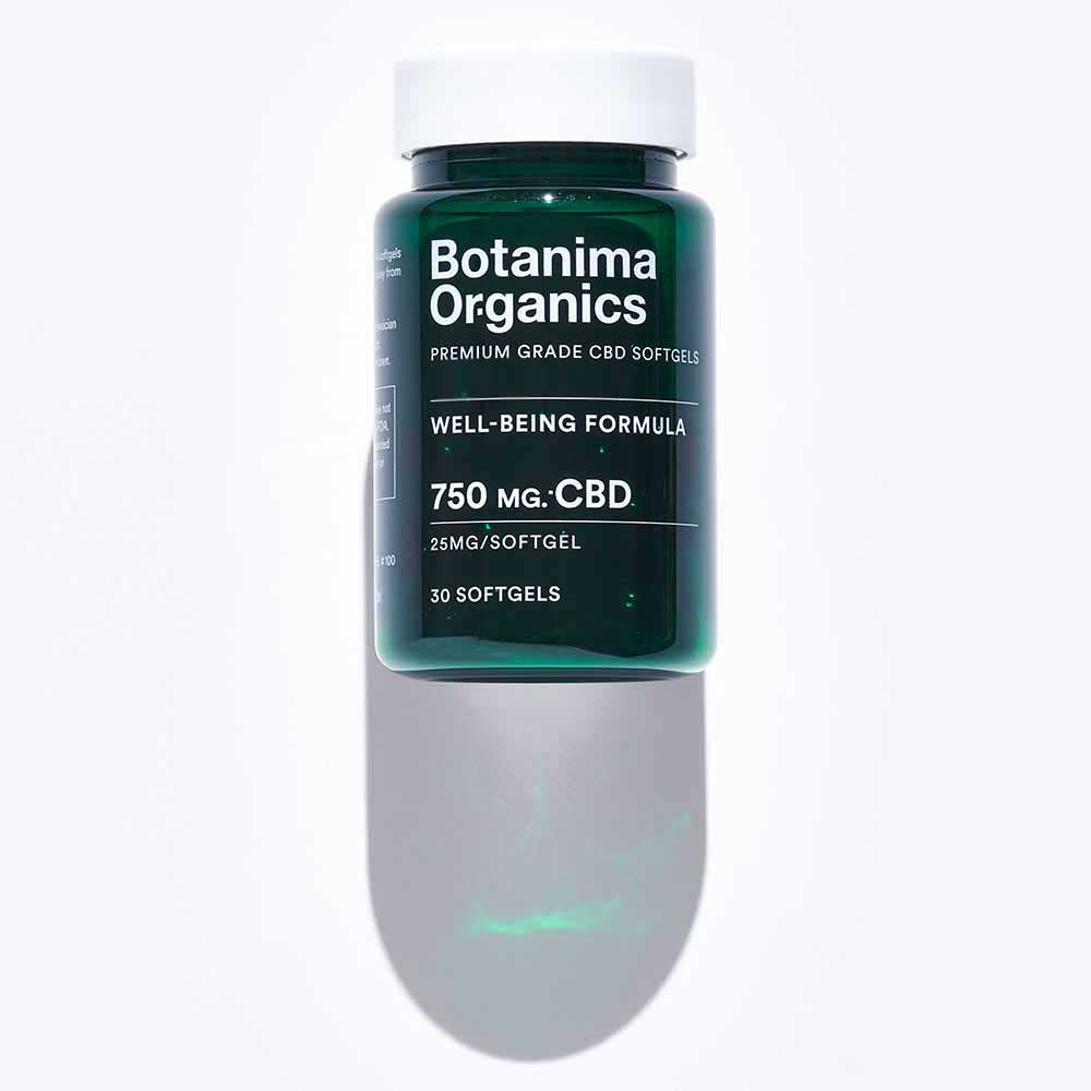 Premium-CBD-Softgels-Green-Jar-with-Reflection-Botanima-Organics
